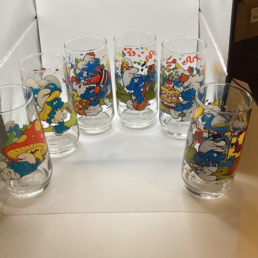 Smurfs Themed Glass Set x 6 Lazy, Smurfette, Handy, Clumsy, Harmony, Baker